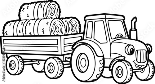 A cute, smiling cartoon tractor with a face, pulling a trailer full of hay bales, black and white line art vector illustration for a children's coloring book.