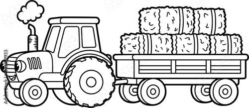 A smiling cartoon tractor with eyes, pulling a farm trailer full of hay bales, black and white vector outline for children's coloring.