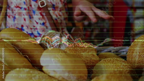 Woven roll basket, waveform shifting as hand entering from upper right, brushing and selecting roll