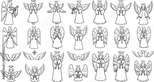 Christmas Angels Line Art Collection: Hand-drawn outline doodle illustrations of praying angels, angels with candles, musical instruments, and decorative wings. Heavenly spiritual symbols.