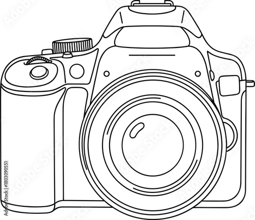 Black and white line art illustration of a modern DSLR camera, front view, isolated vector icon for photography, technology, or coloring book page.