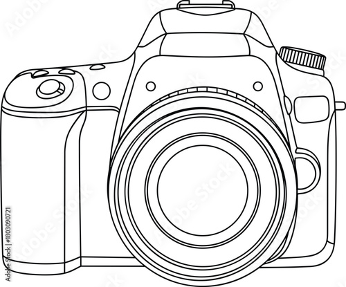 Black and white line art of a DSLR camera, front view, isolated vector icon for photography, technology, or a coloring book.