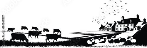 Black and white vector silhouette of an idyllic countryside farm scene, showing a farmhouse, grazing cows, a flock of sheep, and birds.