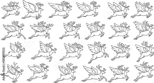 Flying Reindeer Seamless Pattern - Hand-drawn winged deer outlines in dynamic poses, perfect for festive Christmas backgrounds, fabric, and gift wrap designs