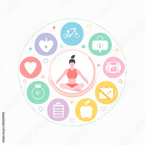 Illustration of a woman meditating surrounded by icons representing healthy lifestyle choices in a colorful circular composition.