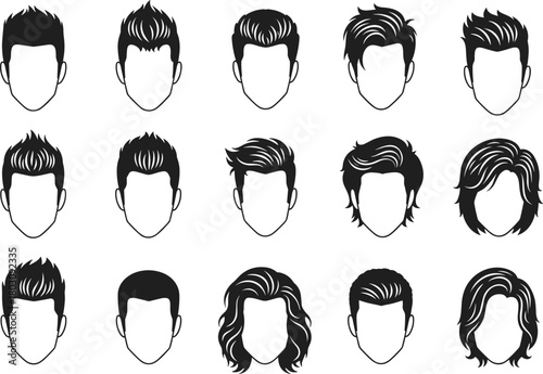Collection of men's hairstyles, black and white vector icons, showing various short, medium, and long haircuts from the front, for barbershop or avatar.