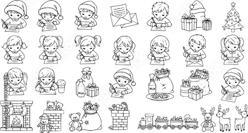 Christmas Kids Writing Letters to Santa: Line Art Vector Illustration