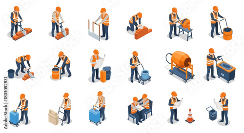 Isometric illustrations depict construction workers performing various tasks, including operating machinery, reviewing blueprints, and transporting equipment.