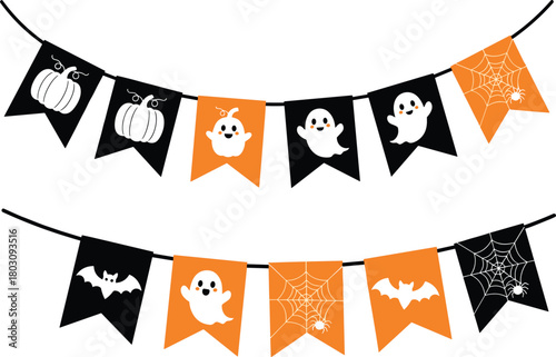 Halloween pennant banners with ghosts, pumpkins, bats, and spider webs in black and orange festive decoration strings