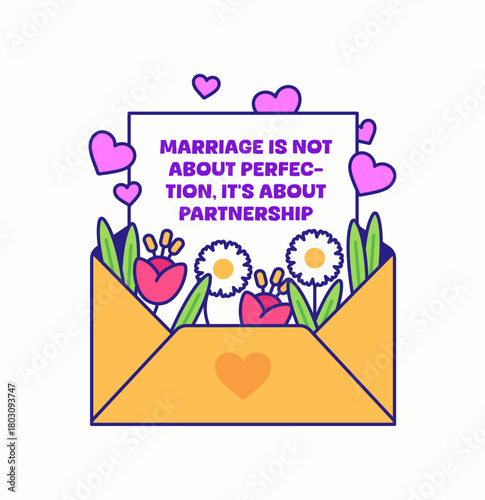 Open yellow envelope filled with colorful flowers and surrounded by pink hearts, revealing a message about the meaning of marriage for greeting cards, wedding designs, and positive relationship