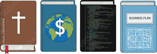 Illustrated books representing religion, global economics, programming, and business planning with distinct thematic covers and icons