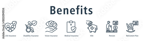 Benefits web banner icon vector illustration concept with icon of life insurance, disability insurance, vision insurance, medical insurance, HSA, pension, and retirement plan.