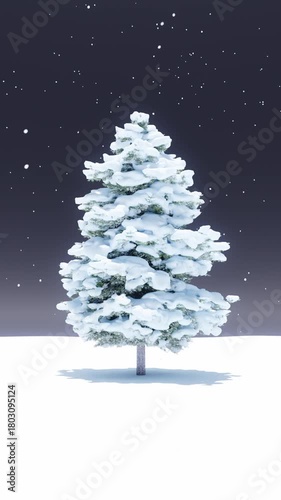 A silvery Christmas scene with a traditional pine tree rotating 360 degrees under the snow. Seamless loop.