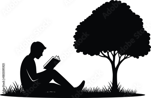 Silhouette of person reading book under tree on grassy ground, peaceful black and white nature scene illustration