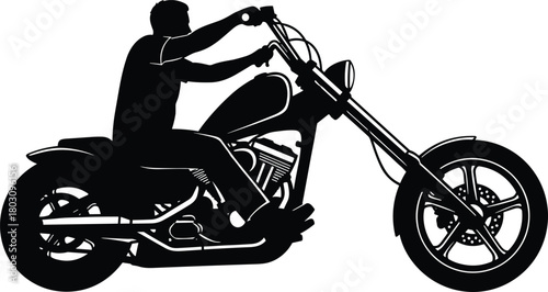 Silhouette of person riding chopper motorcycle with long front fork and high handlebars in black and white illustration