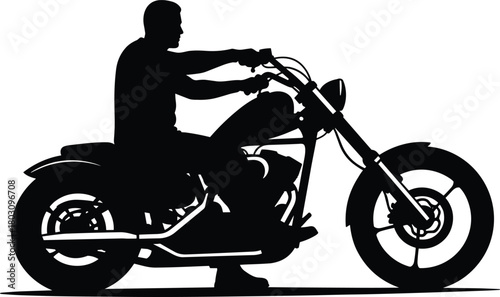 Title (20 words): Silhouette of person riding cruiser motorcycle with low seat, extended forks, and large wheels in black and white