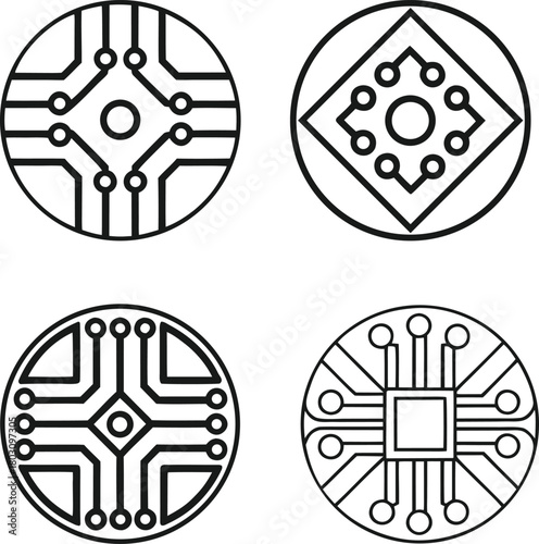 Four circular black and white circuit board patterns technology electronic