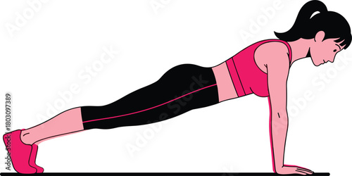Woman in plank position wearing pink sportswear, demonstrating proper core exercise form for fitness and workout illustrations
