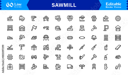 Sawmill And Lumber Industry Line Icon Set – Professional, Modern, Minimal, And Pixel Perfect Woodcutting Symbols