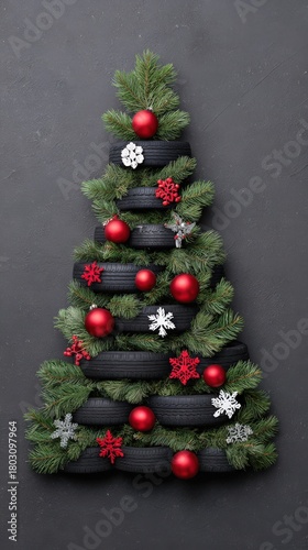 Creative christmas tree made of car tires with festive garland and ornaments