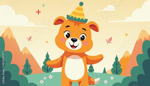 Cute Cartoon Dog Wearing Party Hat in Autumn Forest, Festive Animal Character in Colorful Nature Landscape, Vector Illustration