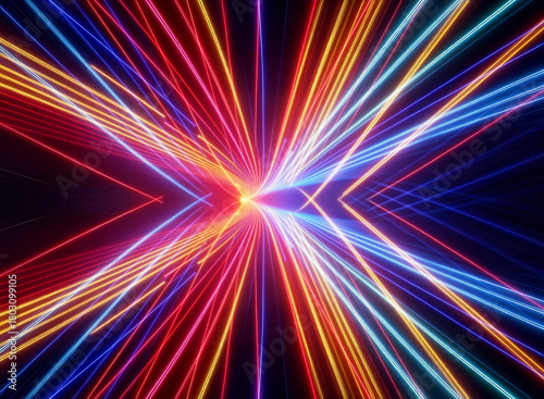 Colorful glowing lines converge to a central point, creating a dynamic, abstract tunnel effect with vibrant red, orange, blue, and purple hues with dark backdrop.