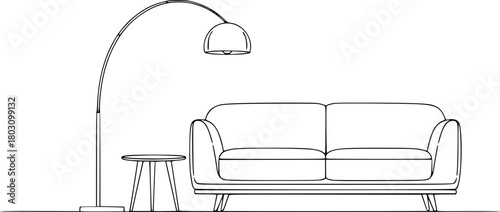 Minimalist line drawing of a sofa with side table and lamp
