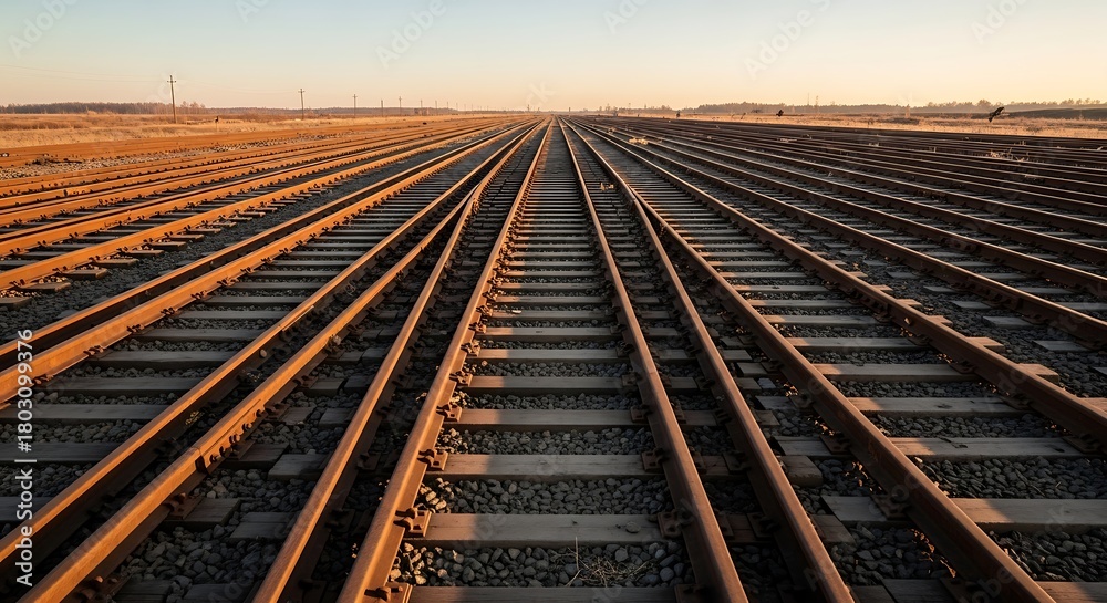 Fototapeta premium Vast Network of Train Tracks Stretching Towards the Horizon at Sunset.