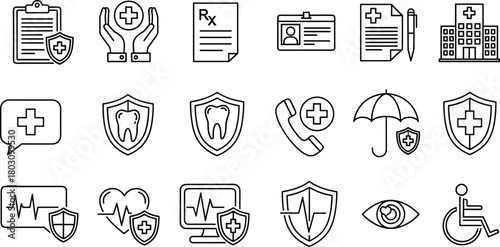 Medical insurance and healthcare line icons set, hospital, dental, pharmacy, vision, protection, and emergency care symbols vector.