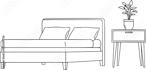 Minimalist line drawing of a bed and nightstand with plant
