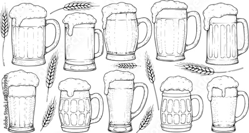 Collection of Hand Drawn Beer Mugs and Wheat Stalks
