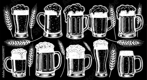 Collection of Hand Drawn Beer Mugs and Wheat Stalks
