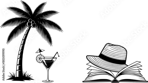 Palm tree, cocktail, and hat with open book
