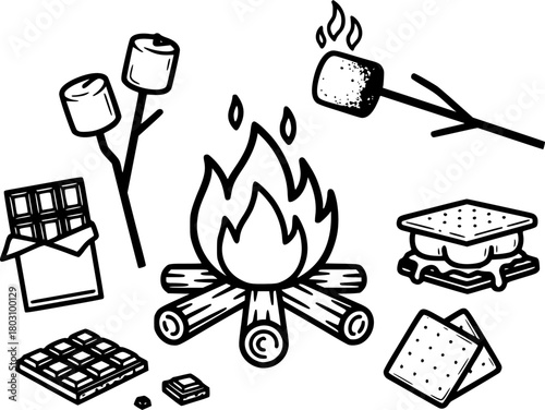 Campfire and s'mores sketch icons
