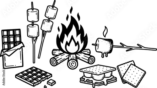 Campfire and s'mores sketch icons
