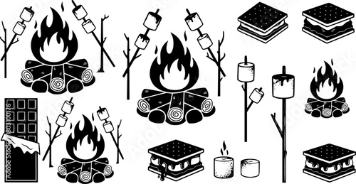 Campfire and s'mores sketch icons
