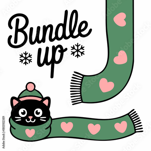 bundle up black cat in heart scarf pompom hat cozy winter encouragement poster