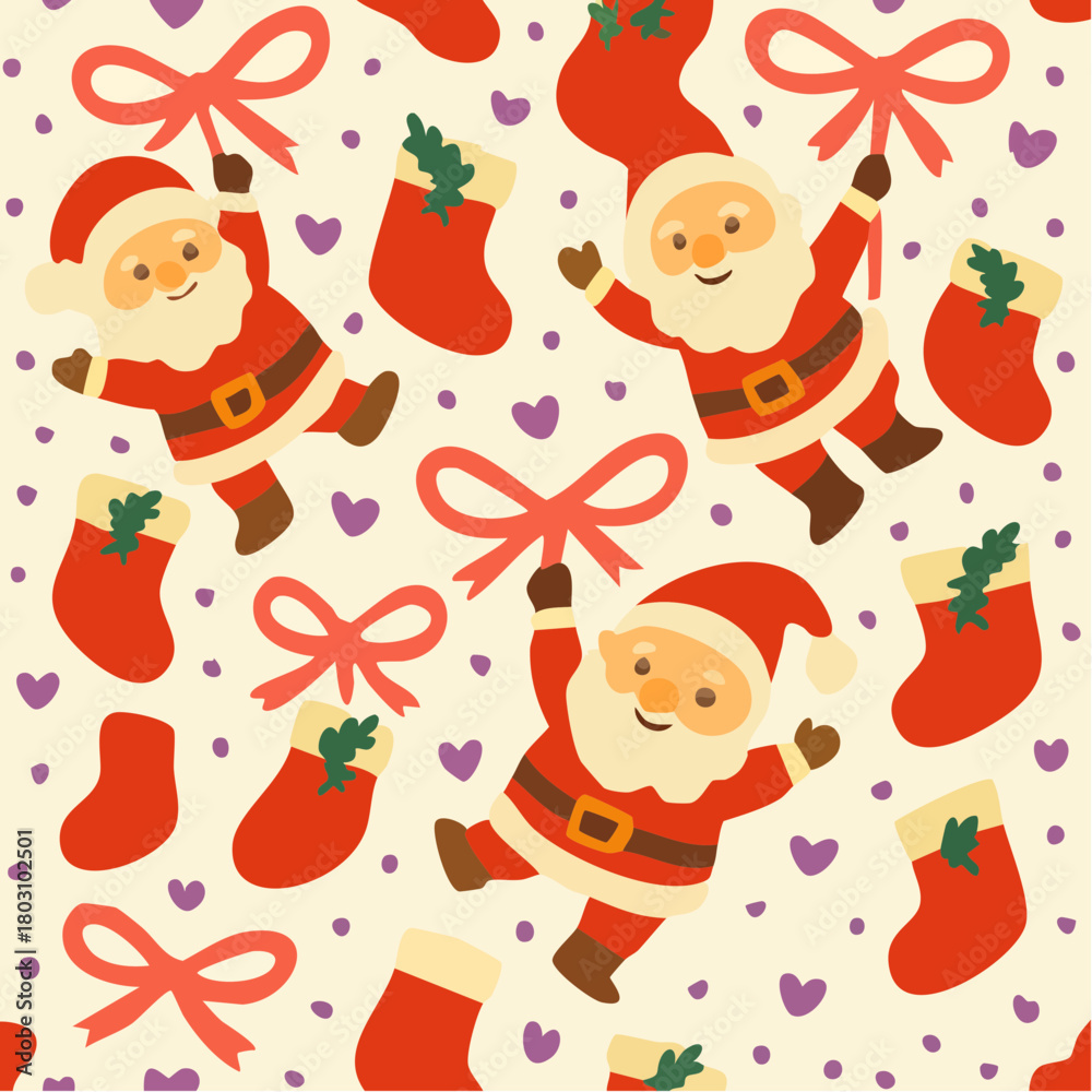 Naklejka premium festive hollyloop: jubilant santas, stocking bows and purple-heart merry scatter for wrapping and seasonal wonder