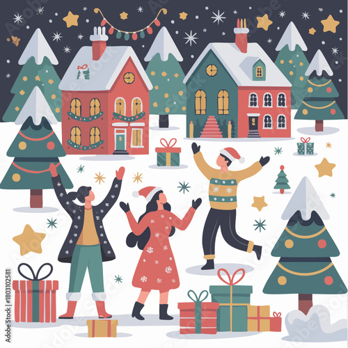 starlit snow jubilee: three‑fold carol cadence, pine‑ornament revel, gift scattered village exultation