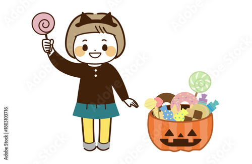 たくさんのお菓子をもらって喜ぶ女の子のハロウィンイラスト