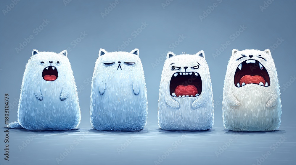 Fototapeta premium four cartoonish polar bears arranged in a row, each with varying expressions