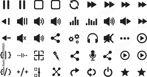 Multimedia interface icon set, audio control symbols, media player buttons, sound settings graphics, black vector UI elements, technology illustrations