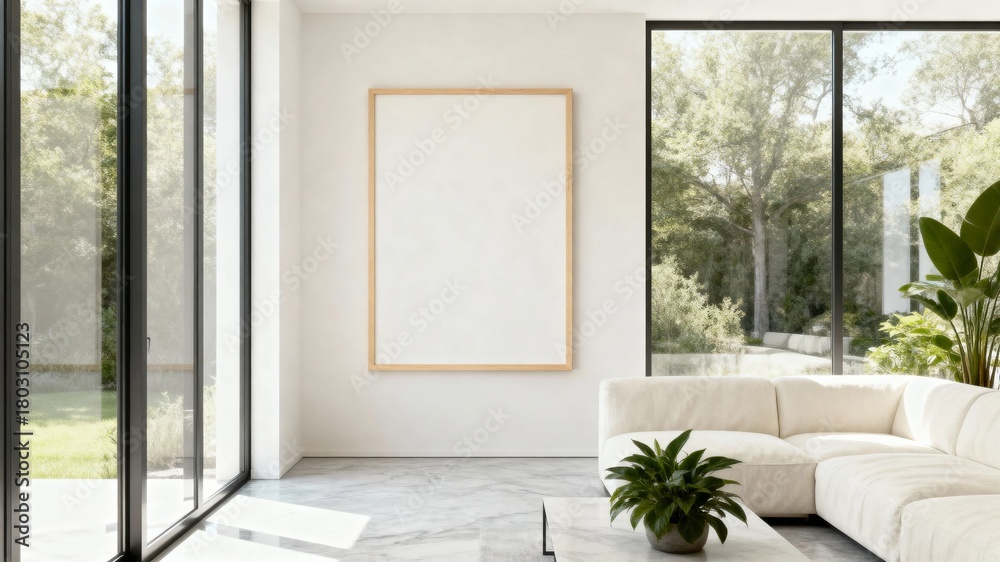 Fototapeta premium Modern minimalist living room with large windows, white sofa, and indoor plants