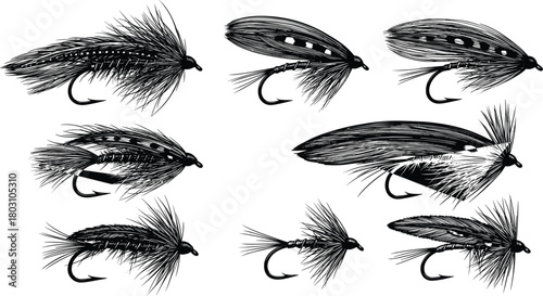 Collection of Black and White Fishing Lures with Feather and Hair Detail fly fishing