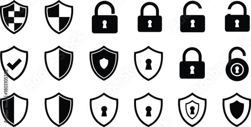 Collection of black and white shield and padlock icons representing security and protection