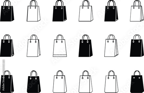 Collection of black and white shopping bag icons in a grid layout retail commerce