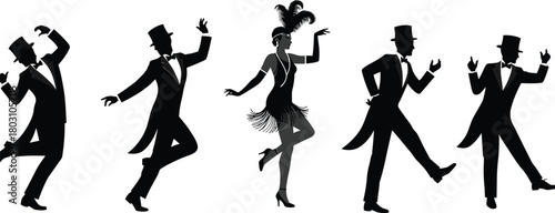 Five silhouettes of dancers in 1920s attire performing various dance moves art deco