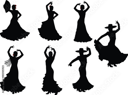 Seven black silhouettes of flamenco dancers in various poses with red accents woman