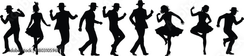 Photography Silhouettes of men and women dancing in various poses with hats group