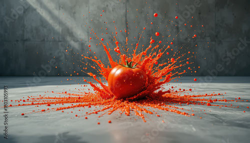 A fresh tomato exploding on impact with dynamic red splashes spreading across a concrete surface creating a powerful high speed food concept shot with dramatic lighting
